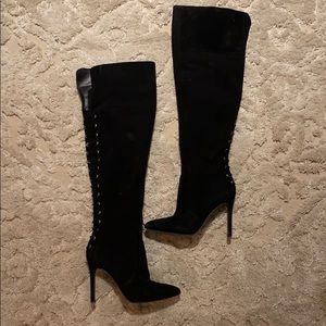 Black Suede Lace Up Thigh High Boots
